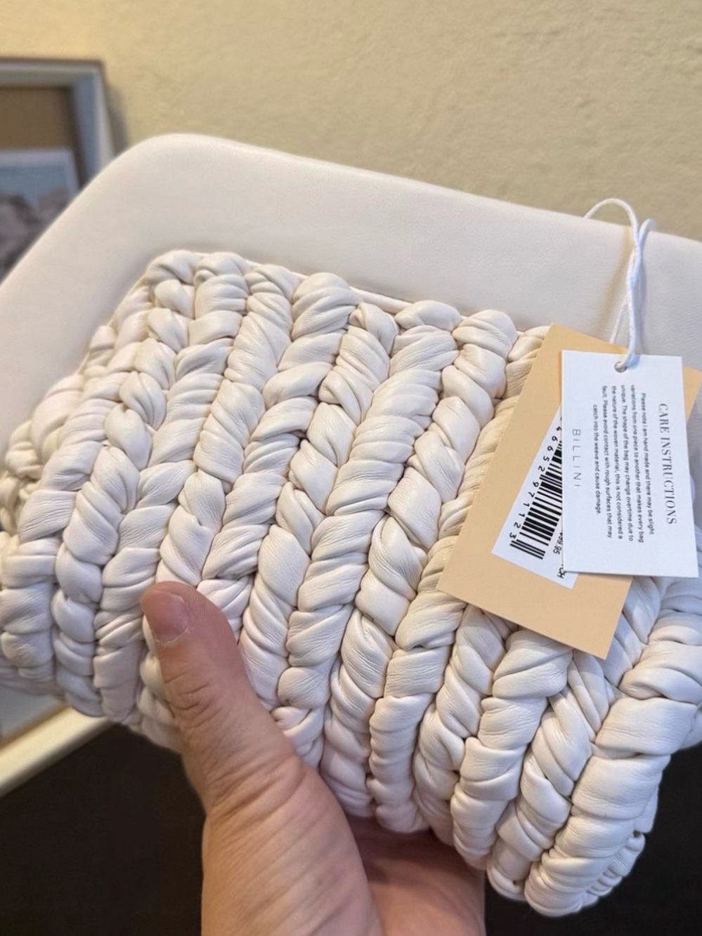 Leather Woven Chunky Knit Clutch - creamy Ivory